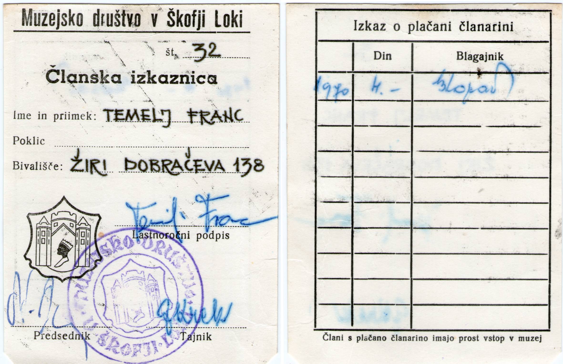 Članska izkaznica MD Žiri FRANC TEMELJ