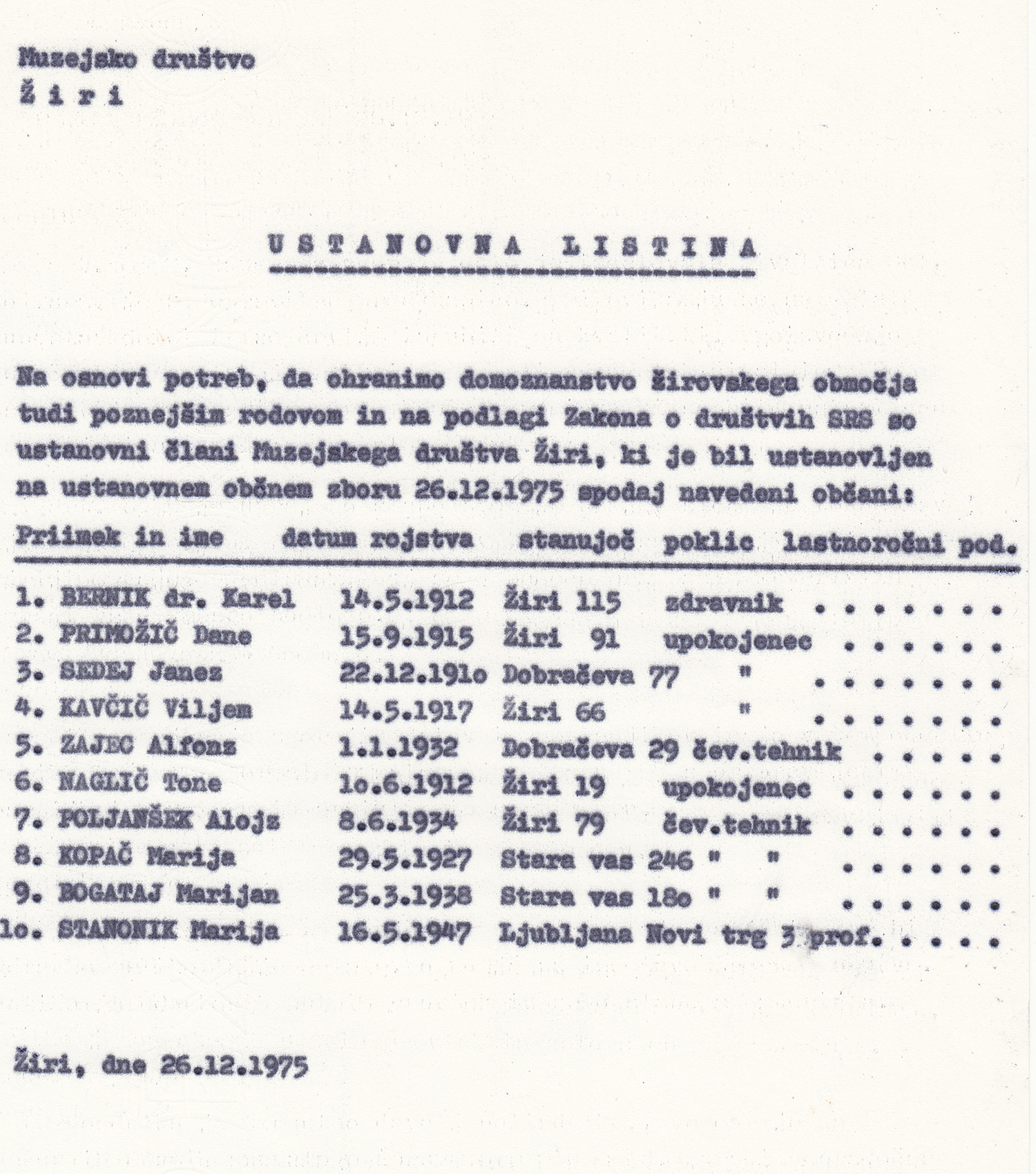 USTANOVNA LISTINA 1975